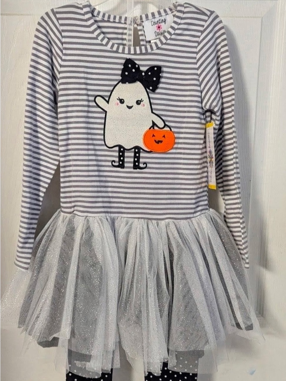 Gray Stripe Ghost Tutu Costume Dress with leggings for Kids